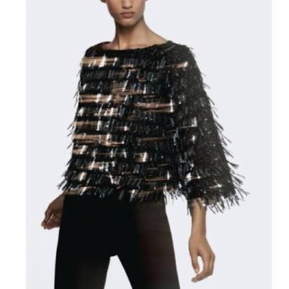 Zara Black Sequin Fringe Blouse